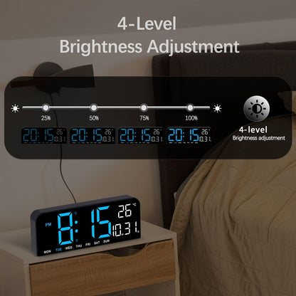 Réveil LED à grand écran avec télécommande à atténuation automatique – Horloge numérique de 15 pouces affichant l'heure, la date, le jour de la semaine, la température et l'humidité – Horloge de chevet pour seniors, salon, bureau