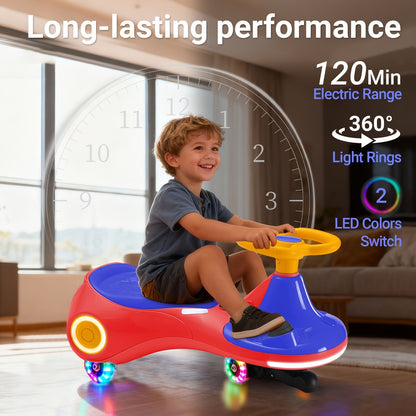 Voiture à bascule 2 en 1 rechargeable, jouet à pédales, 2 vitesses, système anti-renversement, roues lumineuses, capacité de 59 kg (130 lb), pour enfants de 3 ans et plus, cadeau d'anniversaire, de Noël ou d'Halloween, Violet Jaune Rouge