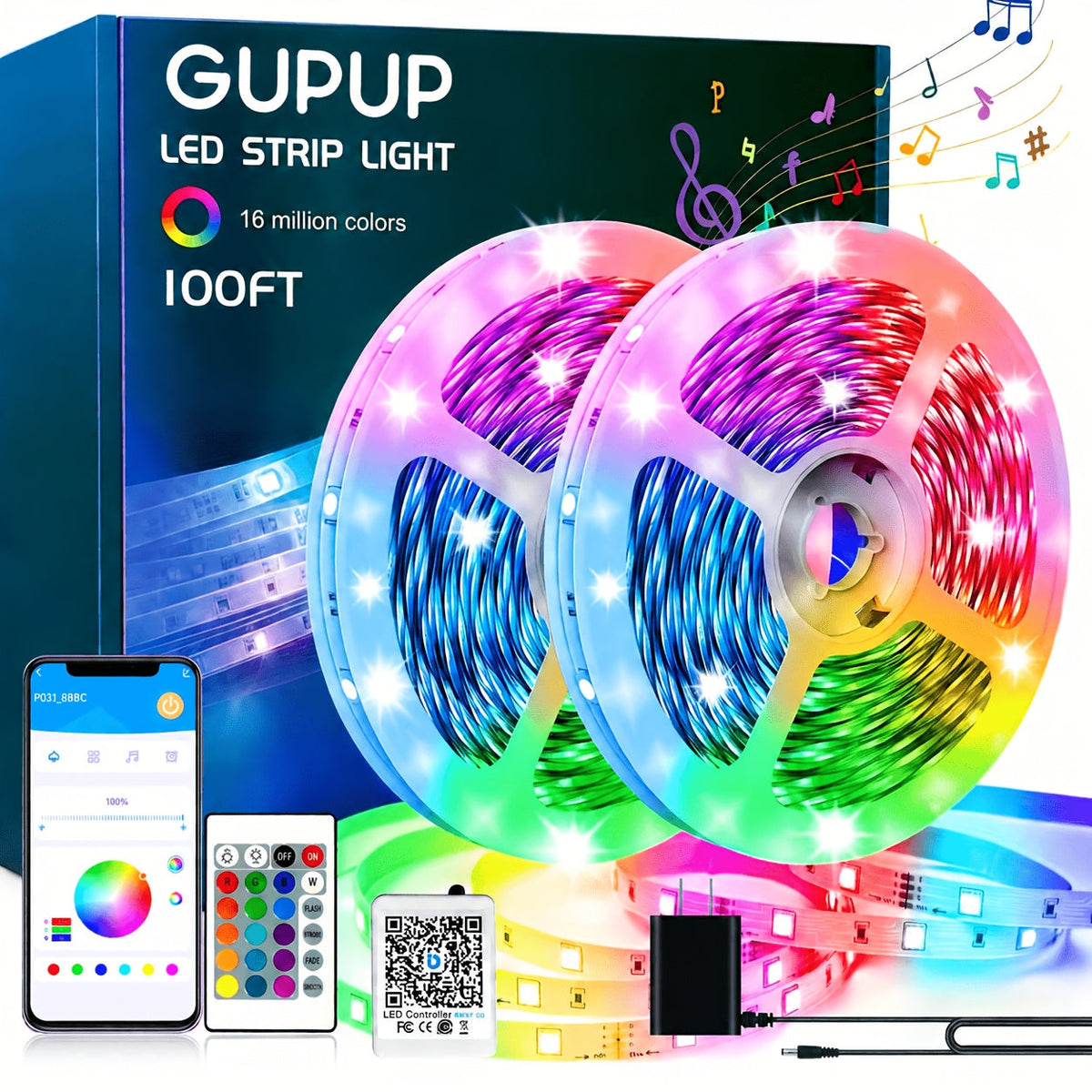 Ruban LED RVB avec télécommande via application, synchronisation musicale, intensité réglable, changement de couleur et minuterie – Éclairage LED intelligent pour la décoration de chambre, salon et salle de jeux, de 5 m à 60 m