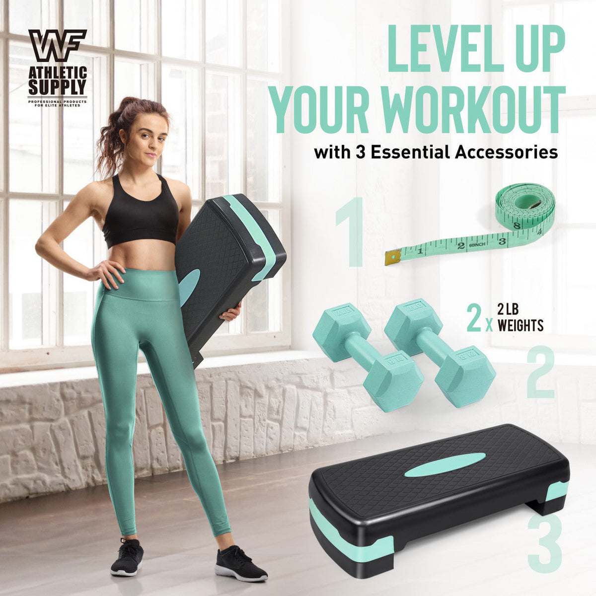 Ensemble de stepper d'aérobic à hauteur réglable avec 2 haltères et ruban à mesurer, plateforme d'exercice antidérapante avec rehausseurs, capacité de 550 lb, équipement de gym à domicile – 3 couleurs