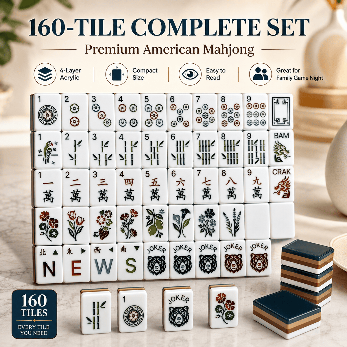 Jeu de Mah-jong américain 160 tuiles avec 4 dés - Tuiles en acrylique thème ours noir, design 4 couches, jeu de plateau facile à lire pour réunions de famille et fêtes | Cadeau de vacances amusant pour adultes