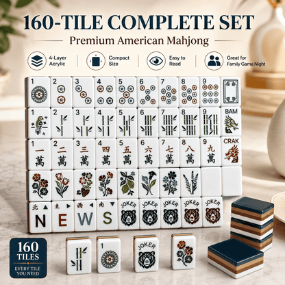 Jeu de Mah-jong américain 160 tuiles avec 4 dés - Tuiles en acrylique thème ours noir, design 4 couches, jeu de plateau facile à lire pour réunions de famille et fêtes | Cadeau de vacances amusant pour adultes