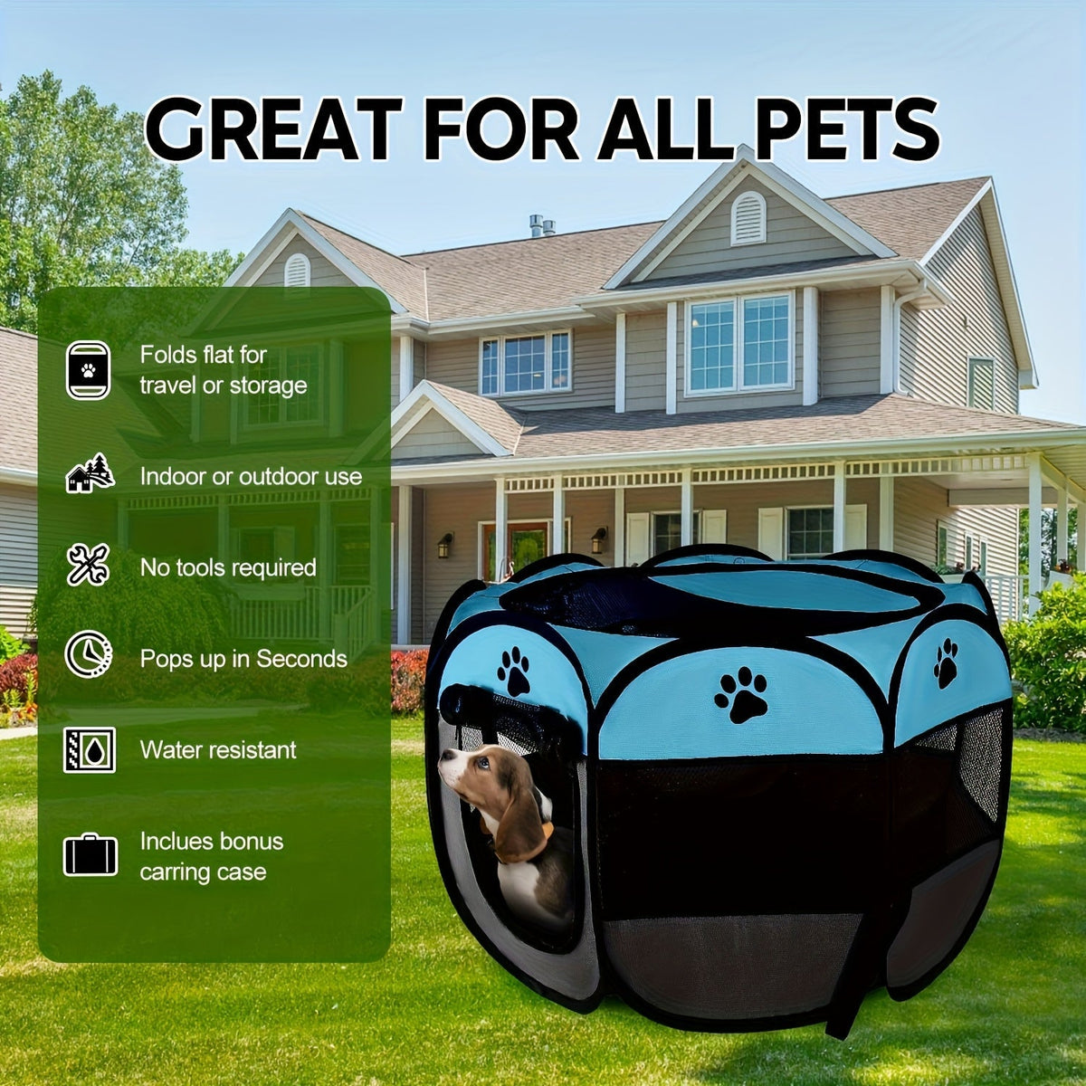Enclos pliable octogonal pour animaux, niche toutes saisons et lit pour chat – Cage pour chiens et chats en tissu Oxford résistant aux rayures, parc portable pliable pour intérieur, extérieur, camping et voyage