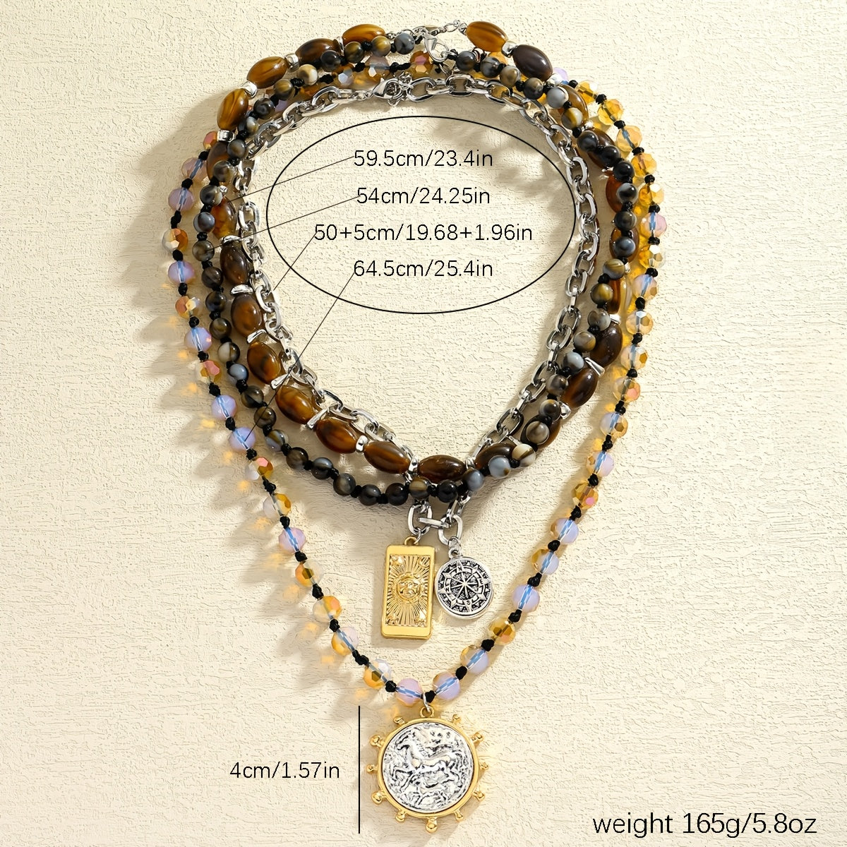 Collier bohème multi-rangs en perles d’œil-de-tigre pour femme – Pendentif boussole vintage, chaîne claviculaire superposable, bijou bohème tendance pour le quotidien, les fêtes et les cadeaux de vacances
