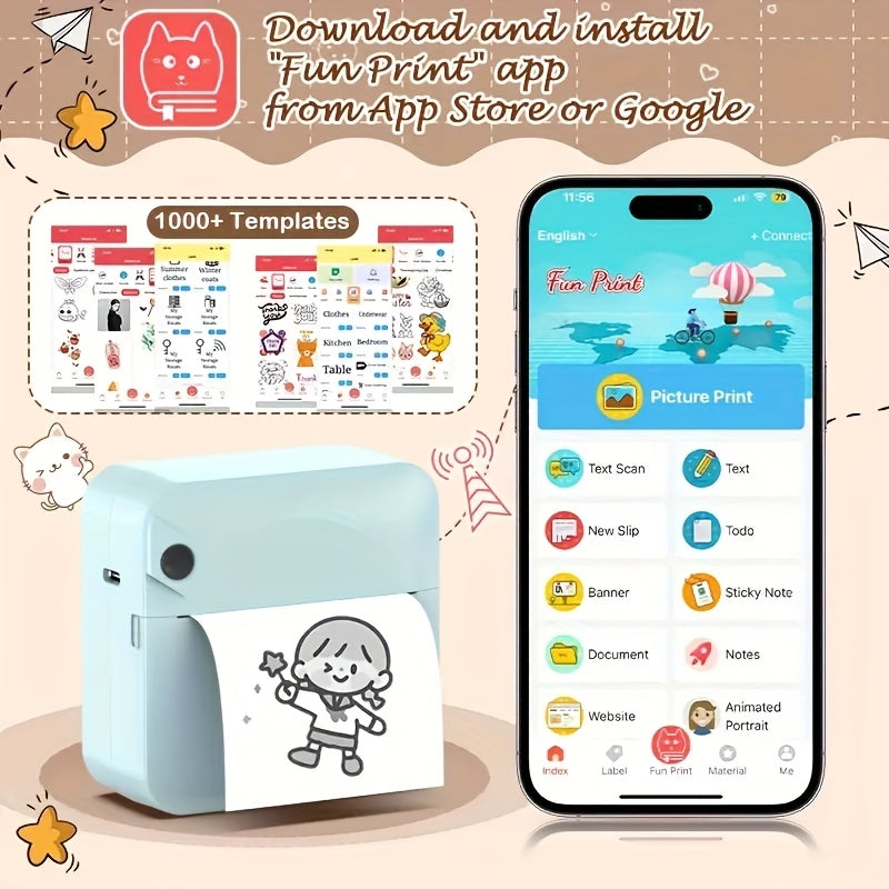 Mini imprimante thermique portable sans fil Bluetooth pour smartphones, photos, notes, autocollants, journaux et mémos, rouleau de papier thermique inclus