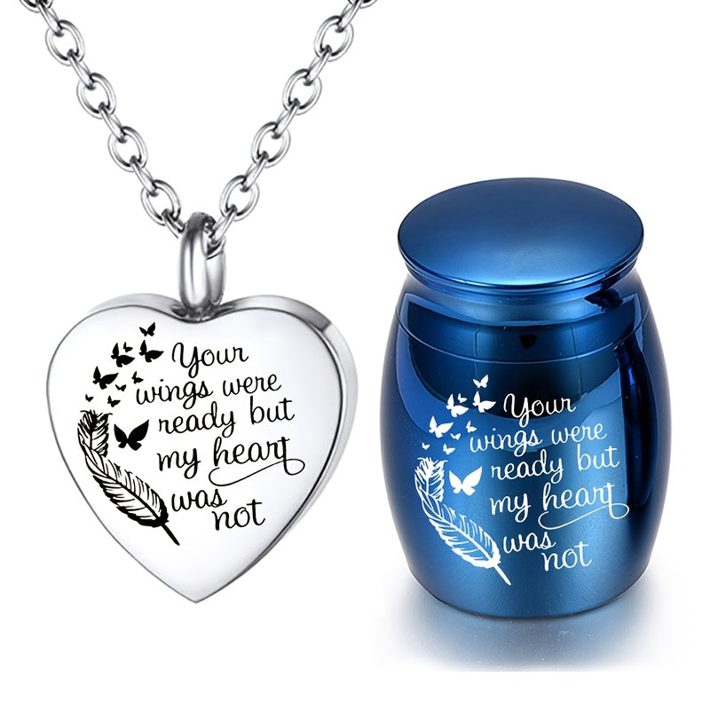 Collier urne funéraire en forme de cœur pour cendres – Lot de 2 pendentifs médaillons gravés pour hommes et femmes, bijoux commémoratifs en acier inoxydable « Your Wings Were Ready But My Heart Was Not », cadeau de sympathie