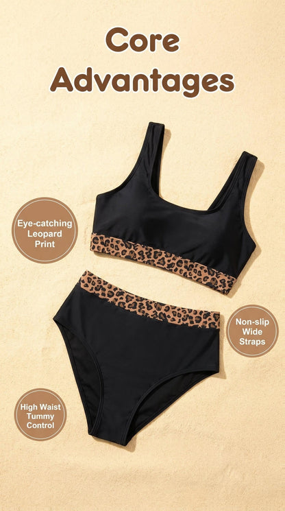 Ensemble bikini taille haute pour femme, imprimé léopard, haut court color-block, décolleté carré, maillot de bain 2 pièces rétro sexy, tenue de bain amincissante pour la plage, la piscine et les vacances, S-XL