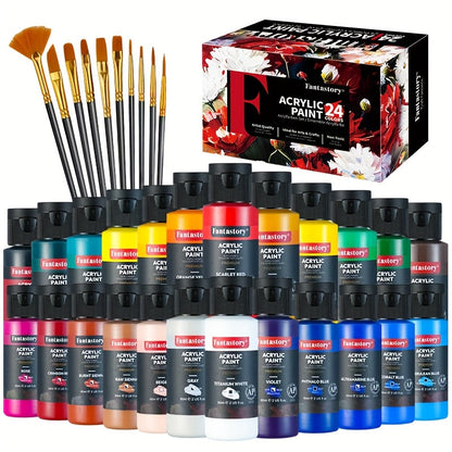 Ensemble de peinture acrylique professionnelle, 24 couleurs, grand format 60 ml, avec 12 pinceaux – Peintures acryliques riches en pigments et épaisses pour toile, bois, pierre, verre et céramique – Fournitures d'art pour débutants et artistes