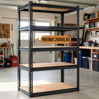 Étagère de rangement robuste en métal à 5 niveaux pour garage, 907 kg (2000 lb) – Étagère de rangement en acier réglable de 152 à 183 cm pour garage, sous-sol, garde-manger, cuisine et entrepôt, assemblage sans outils, noir