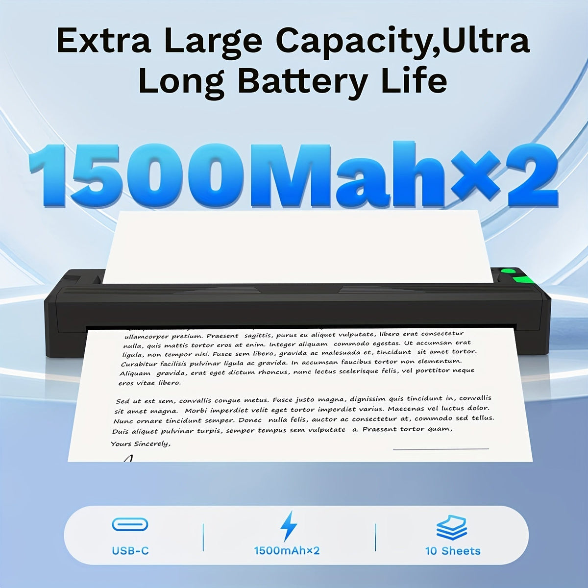 Imprimante thermique sans fil portable pour le voyage – Version améliorée 2026, imprime les formats lettre 8,5"x11", légal, A4 et A5, compatible avec iPhone, Android et ordinateur portable, comprend 10 feuilles de papier thermique plié – Noir