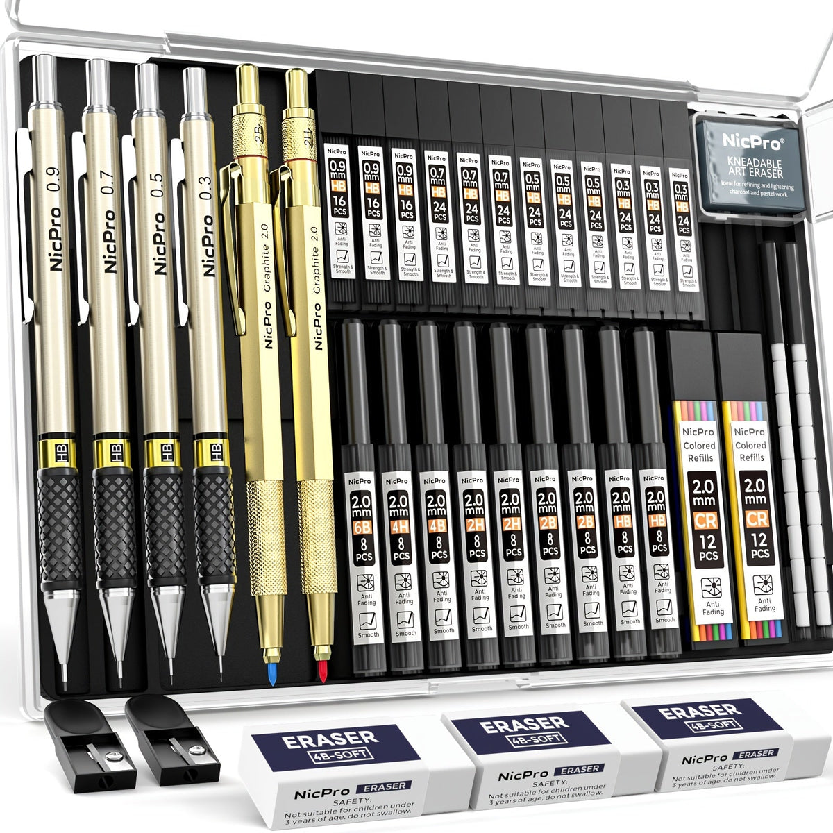 Ensemble de 34 crayons mécaniques artistiques avec étui, 6 crayons de dessin en métal, mines de 0,5 mm, 0,7 mm, 0,9 mm, 2 mm, 19 mines de recharge et gommes pour artistes, croquis et dessin