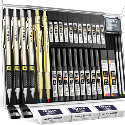 Ensemble de 34 crayons mécaniques artistiques avec étui, 6 crayons de dessin en métal, mines de 0,5 mm, 0,7 mm, 0,9 mm, 2 mm, 19 mines de recharge et gommes pour artistes, croquis et dessin