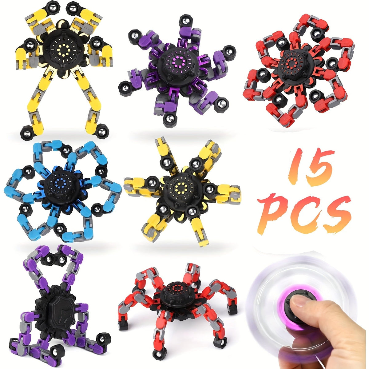 Lot de 10 ou 15 fidget spinners assortis, robots mécaniques gyroscopiques, jouets anti-stress pour les doigts, éditions standard et lumineuses, cadeaux pour fêtes, récompenses scolaires, pour enfants et adultes