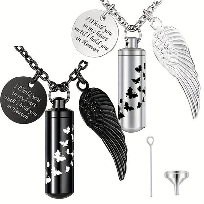 Collier urne cylindrique pour cendres - Pendentif commémoratif en acier inoxydable avec papillon et aile d'ange, bijou de crémation pour perte d'animal de compagnie ou d'être cher, pour femmes et hommes (argenté)