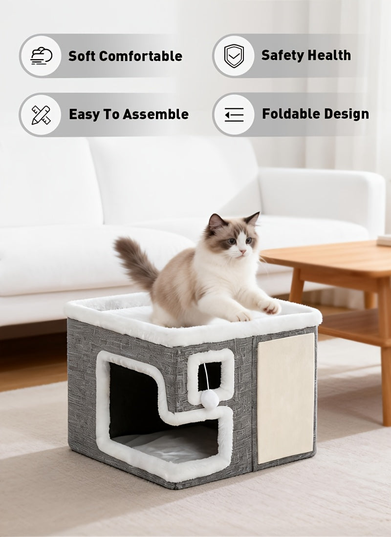 Maison pour chat 3-en-1 d'intérieur – Ottoman luxueux en bois pour dormir, jouer et faire ses griffes, cube refuge pour chats, adapté aux foyers multi-chats, gris clair, taille standard et grande