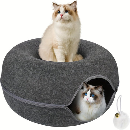 Lit tunnel pour chat, cachette d'intérieur - Tunnel pour chat en forme de beignet, pliable et utilisable en toute saison, avec ouverture pour chats d'intérieur, peluche douce, gris foncé et gris clair, disponible en 50 et 60 cm, cadeau idéal pour chat