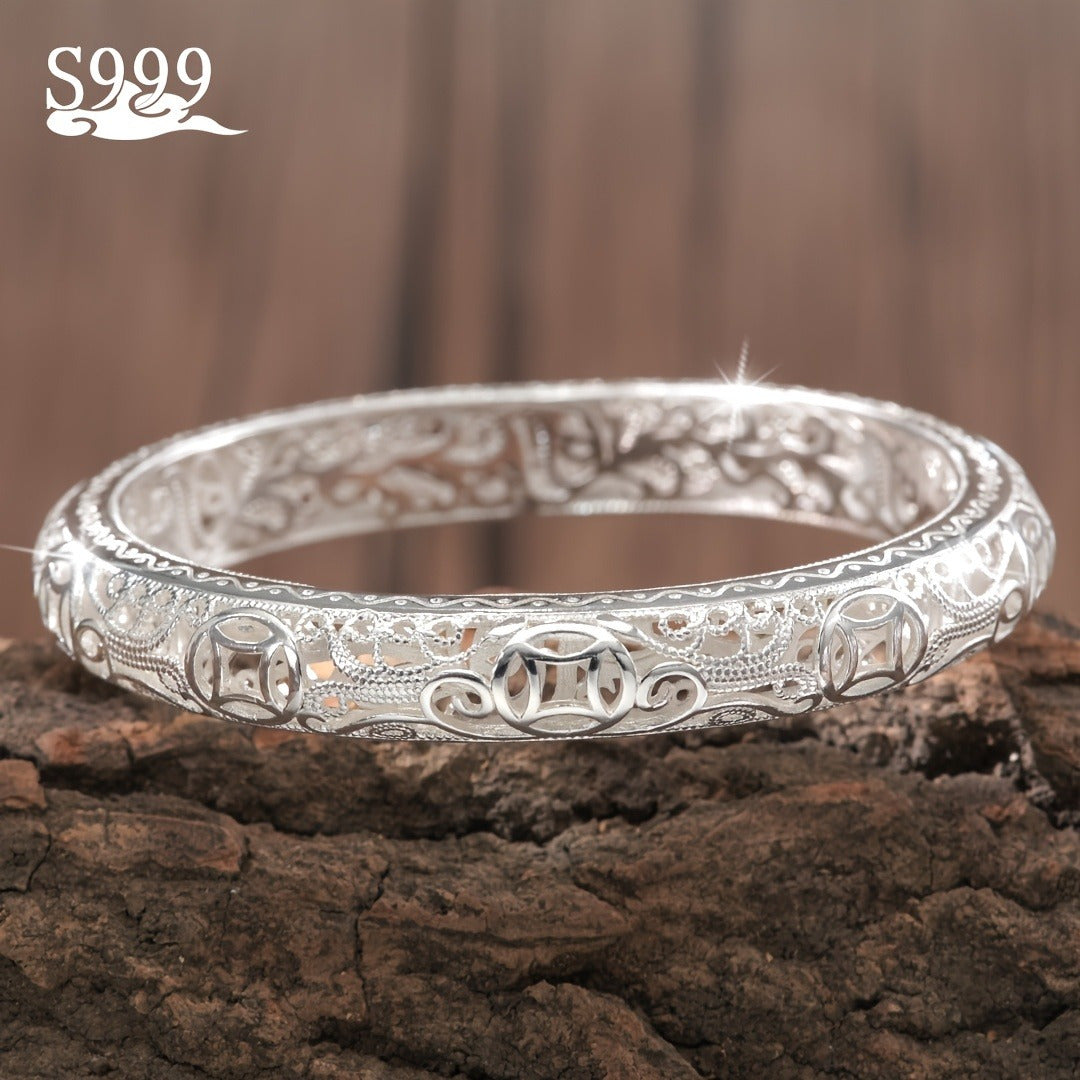 Bracelet jonc en argent pur S999 pour femme – Manchette fermée massive, bijou en argent fin de haute pureté, accessoire de mode élégant et brillant, cadeau idéal pour un anniversaire ou une fête.