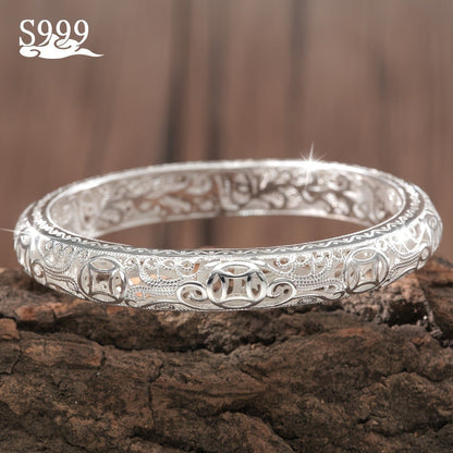 Bracelet jonc en argent pur S999 pour femme – Manchette fermée massive, bijou en argent fin de haute pureté, accessoire de mode élégant et brillant, cadeau idéal pour un anniversaire ou une fête.