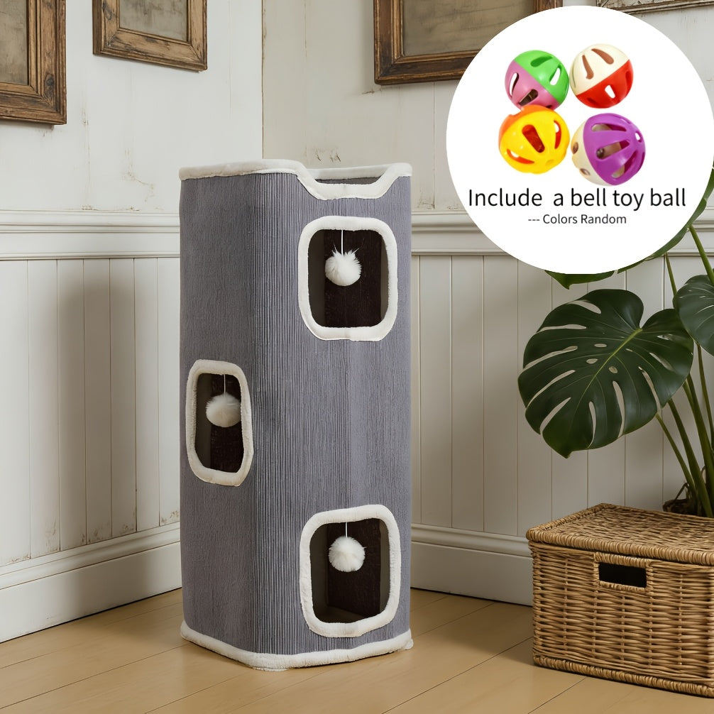 Arbre à chat pliable à plusieurs niveaux pour chats d'intérieur - Maison pour chat résistante aux griffures avec couchage douillet, cachette et balles à grelots, meuble pour chat de 1 à 3 étages pour grimper, jouer et se reposer