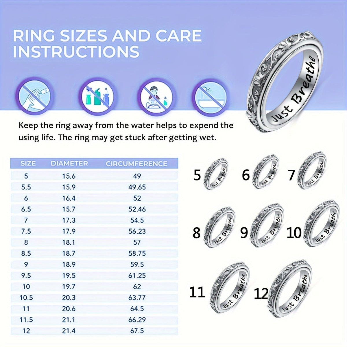 Bague anti-anxiété en argent sterling 925 avec motif fleur de lotus – Anneau rotatif oxydé « Just Breathe » pour soulager le stress, le TDAH, l'autisme et le yoga, bague unisexe pour l'inquiétude, tailles 57-67, cadeau pour femmes et hommes