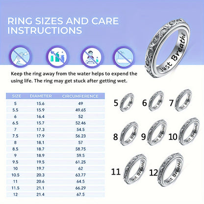 Bague anti-anxiété en argent sterling 925 avec motif fleur de lotus – Anneau rotatif oxydé « Just Breathe » pour soulager le stress, le TDAH, l'autisme et le yoga, bague unisexe pour l'inquiétude, tailles 57-67, cadeau pour femmes et hommes