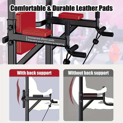 Station de musculation Power Tower avec barre de traction et poste à dips – Hauteur réglable 127-230 cm, capacité 150 kg, équipement de musculation multifonction pour hommes et femmes, bandes élastiques incluses