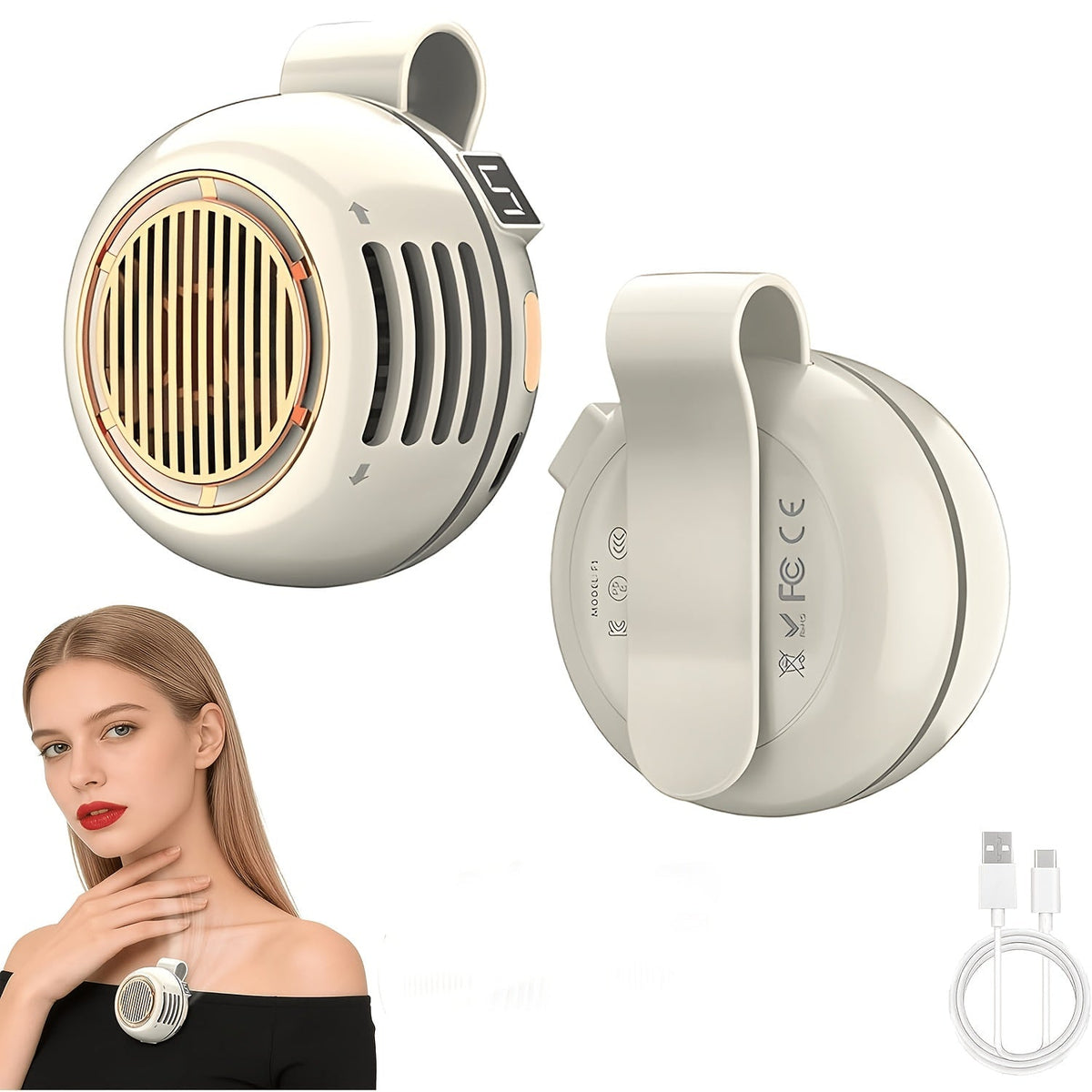 Mini ventilateur de cou sans pales à clipser, rechargeable par USB, 3 vitesses, flux d'air à 360°, ventilateur portable mains libres à suspendre à la taille pour la randonnée, le camping, les voyages, le golf et les activités en plein air