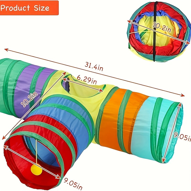 Tunnel pour chat pliable avec balle et ouvertures – Jouet tube arc-en-ciel à 3 voies en forme de S, pliable et connectable pour chats et chatons d'intérieur, configuration de jeu personnalisable