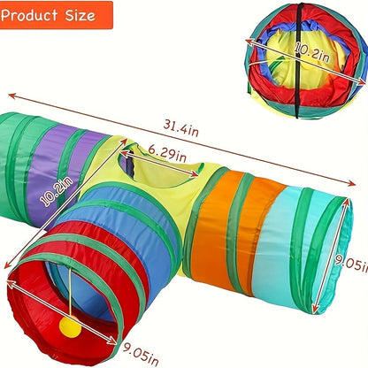 Tunnel pour chat pliable avec balle et ouvertures – Jouet tube arc-en-ciel à 3 voies en forme de S, pliable et connectable pour chats et chatons d'intérieur, configuration de jeu personnalisable