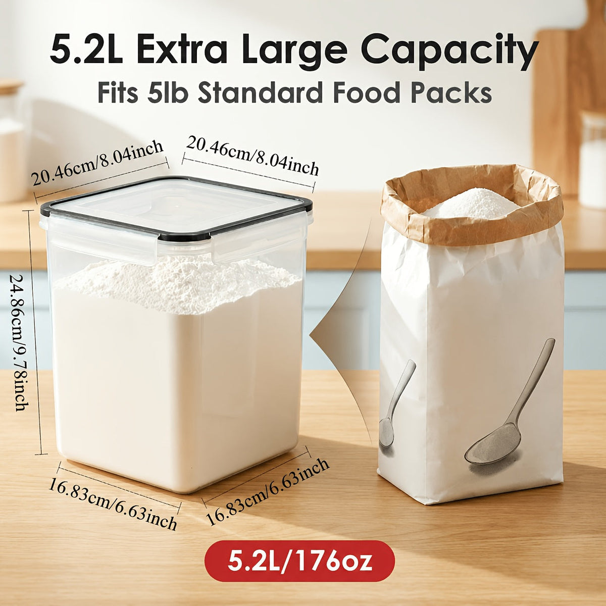 Lot de 4 grands récipients alimentaires hermétiques avec couvercles – Boîtes en plastique sans BPA de 5,2 L pour farine, sucre, riz et ingrédients de pâtisserie – Inclut des tasses à mesurer et 24 étiquettes, noir