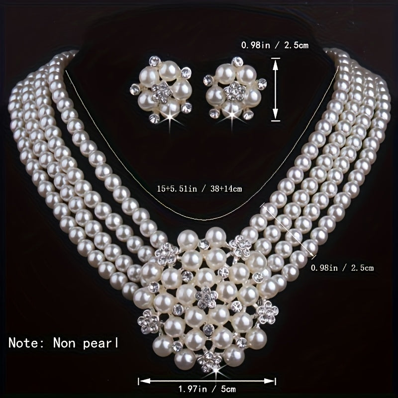 Parure de luxe collier et boucles d'oreilles pour femme – Bijoux plaqués argent perlés pour mariage, soirée et spectacle, accessoires de robe élégants