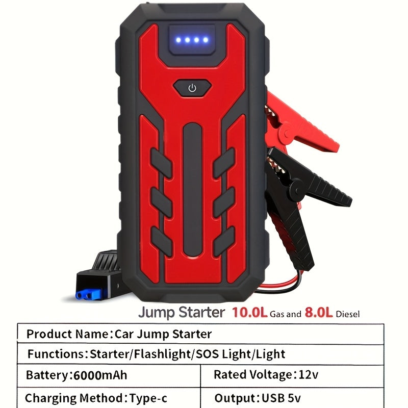 Démarreur de voiture portable 7-en-1 10000mAh – Batterie de secours multifonction avec lampe d'urgence LED pour moteurs essence (10 L) et diesel (9 L), kit d'outils d'urgence pour voiture