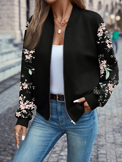 Floral Print Zip Up Jacket Women's Baseball Collar Long Sleeve Spring Fall Lightweight Coat Casual Outerwear Black S M L XL XXL