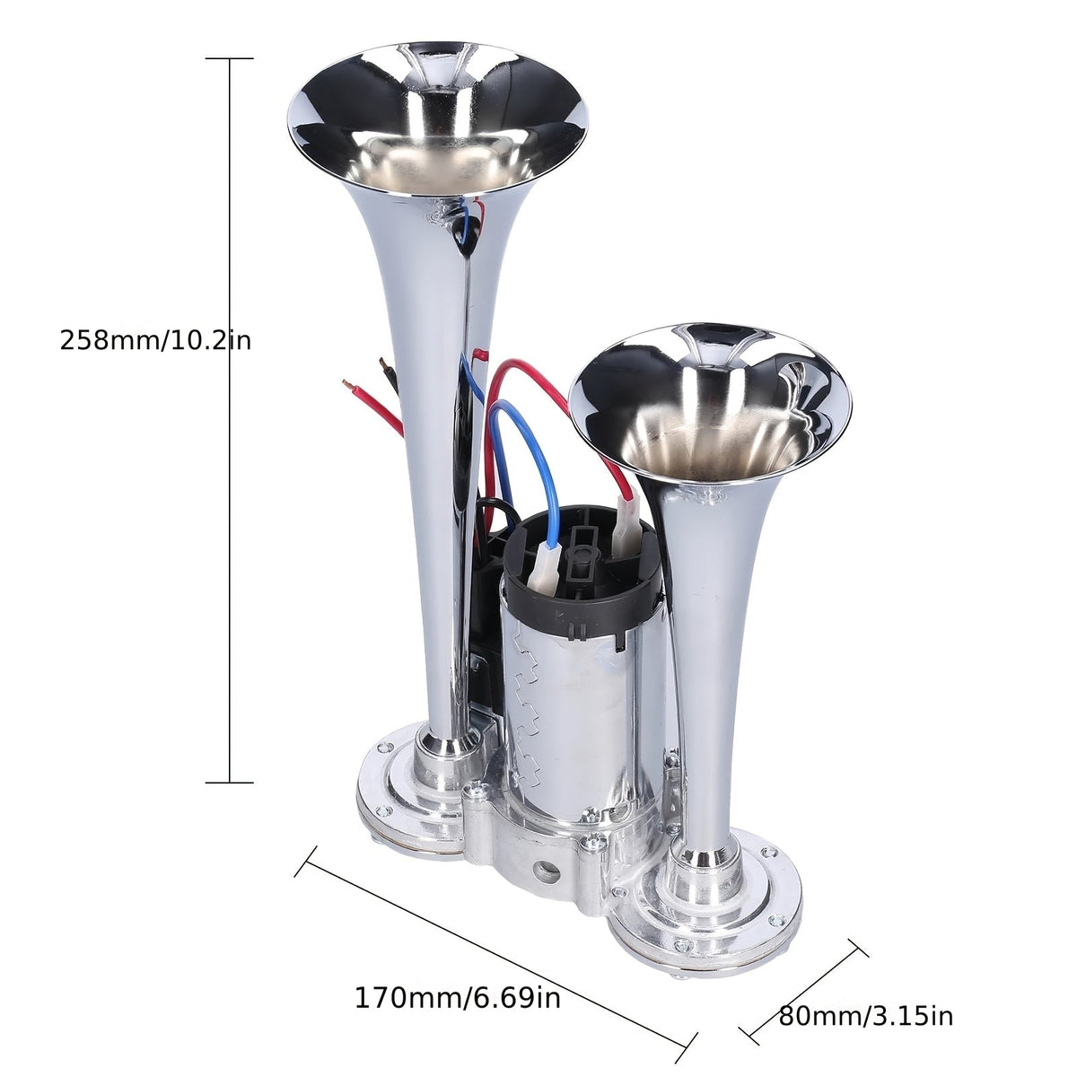 Avertisseur sonore double tube ultra-puissant 130 dB 12 V/24 V – Alliage d'aluminium avec compresseur, installation rapide pour camions, SUV, motos, bateaux et véhicules tout-terrain