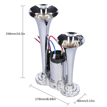 Avertisseur sonore double tube ultra-puissant 130 dB 12 V/24 V – Alliage d'aluminium avec compresseur, installation rapide pour camions, SUV, motos, bateaux et véhicules tout-terrain