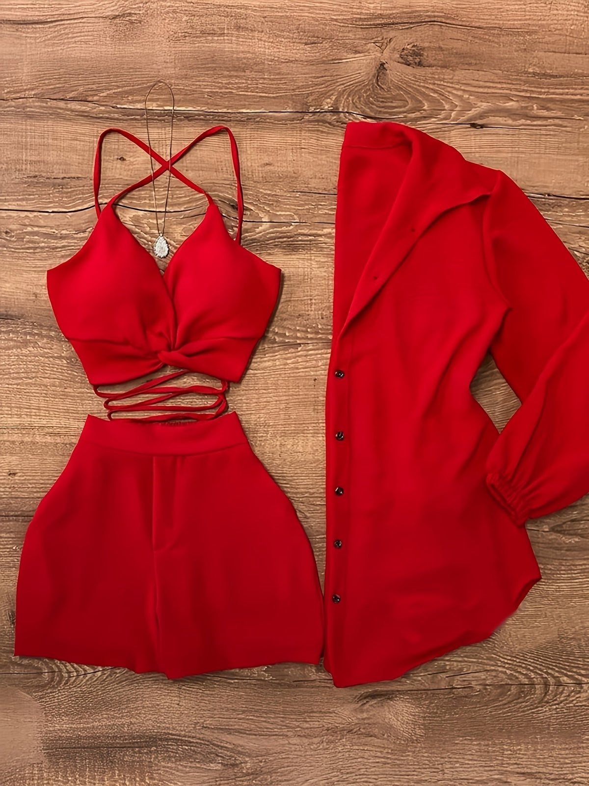 Ensemble 3 pièces pour femme : caraco + short + chemisier cardigan | Tenue assortie couleur unie pour les vacances d'été, le quotidien ou le travail