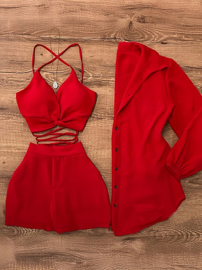 Ensemble 3 pièces pour femme : caraco + short + chemisier cardigan | Tenue assortie couleur unie pour les vacances d'été, le quotidien ou le travail