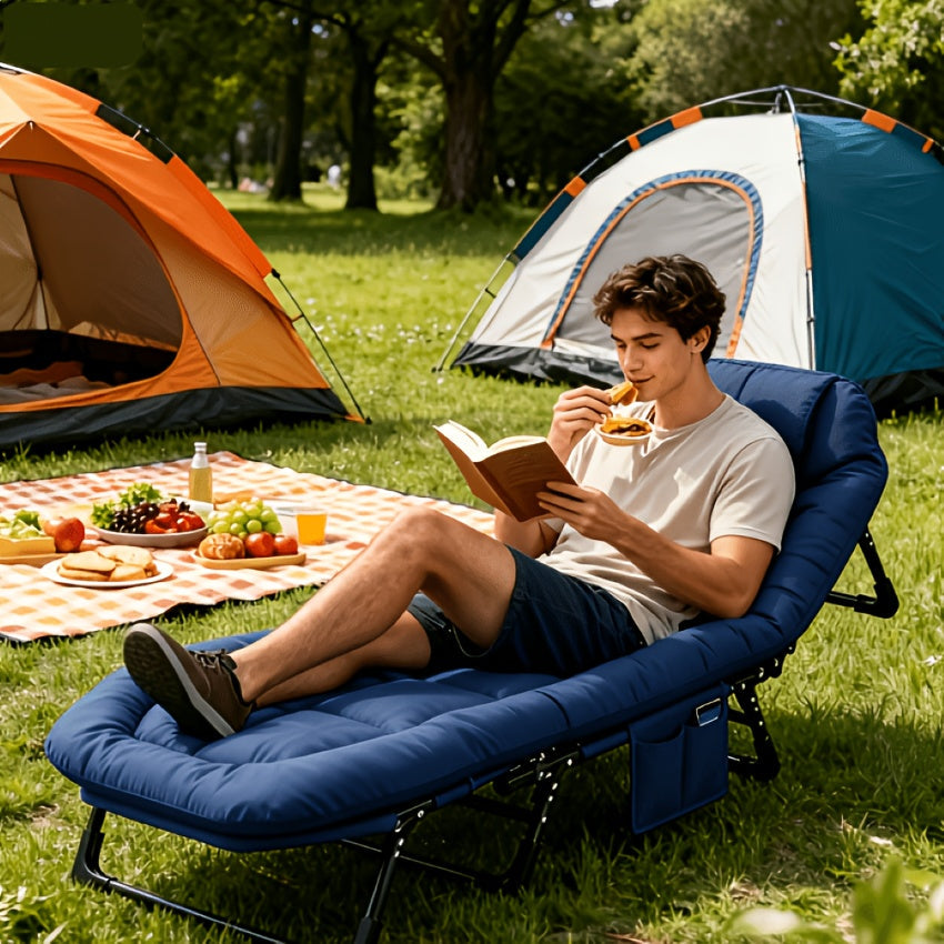 Lit de camp XL avec appui-tête intégré et matelas amovible – Lit pliant portable de 180 cm, cadre robuste pour adultes – pour le camping, lit d'appoint, voyage et pique-nique