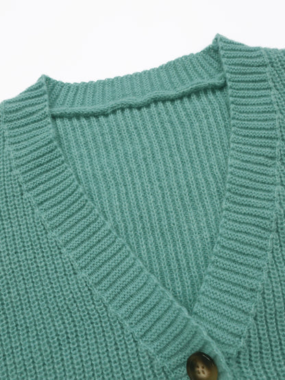 Gilet en maille côtelée pour femme, col en V boutonné à manches longues - Pull ample olive, gilet décontracté et confortable pour l'automne et l'hiver, tailles S-XXL