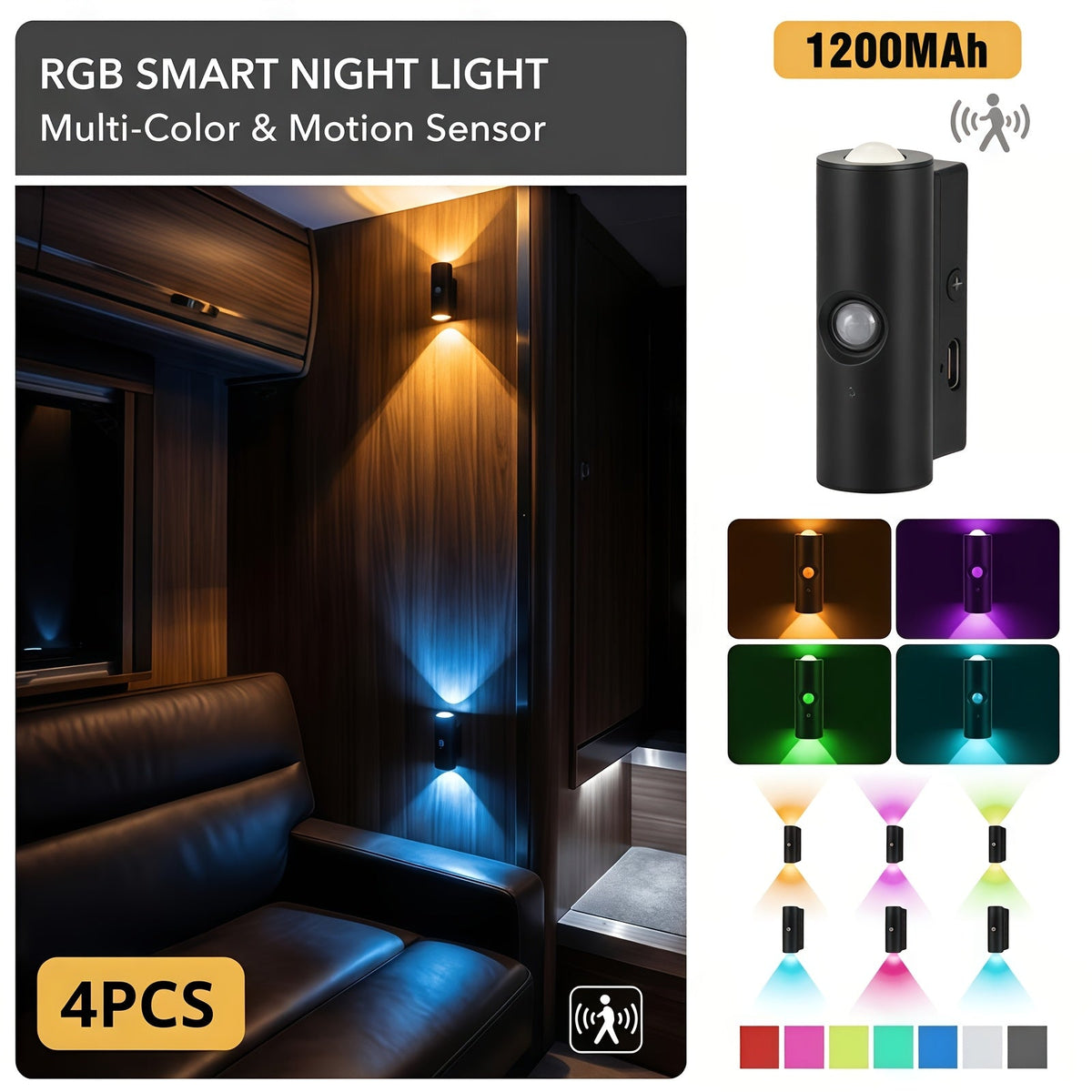 Lot de 4 appliques murales à détecteur de mouvement – Veilleuse LED magnétique, sans fil et rechargeable, double tête, 3 couleurs RVB, pour chambre, escalier, placard, armoire et intérieur de camping-car | Velora