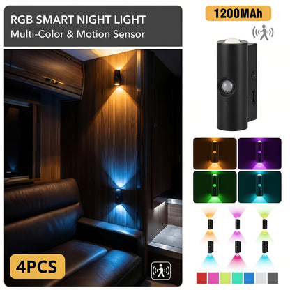 Lot de 4 appliques murales à détecteur de mouvement – Veilleuse LED magnétique, sans fil et rechargeable, double tête, 3 couleurs RVB, pour chambre, escalier, placard, armoire et intérieur de camping-car | Velora