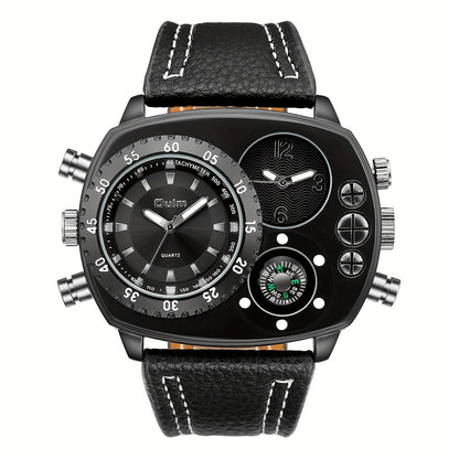 Montre à quartz pour homme à double fuseau horaire et grand cadran – Bracelet en similicuir, aiguilles lumineuses, boîtier en acier inoxydable, montre-bracelet sport décontractée pour homme, cadeau idéal