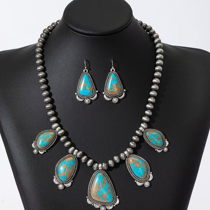 Parure de bijoux vintage bohème avec boucles d'oreilles et collier en perles turquoise et orange, en alliage de zinc, style ethnique pour femme, idéal pour le quotidien, les vacances et comme cadeau