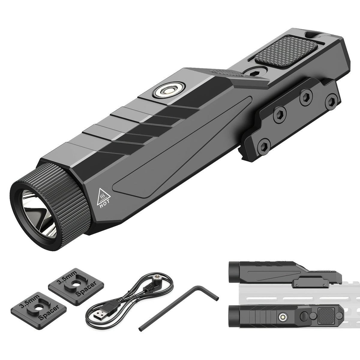Lampe tactique de 1680 lumens pour fusil avec mode stroboscopique momentané – Monture double rail M-Lok et Picatinny, rechargeable par USB magnétique, lampe d'arme profil bas pour la chasse, le tir et la défense à domicile (Modèle DF9030)