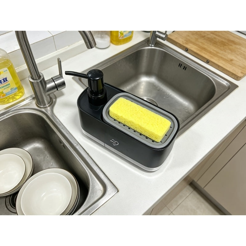 Distributeur de savon 2-en-1 avec porte-éponge intégré pour évier de cuisine – Distributeur à pompe pour comptoir pour savon à mains et vaisselle, distributeur de détergent, recharge facile, organisateur de cuisine idéal