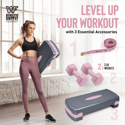 Ensemble de stepper d'aérobic à hauteur réglable avec 2 haltères et ruban à mesurer – Plateforme d'exercice antidérapante, rehausseurs de 10 à 15 cm, capacité de 250 kg, entraînement en salle de sport à domicile – Rose/gris, bleu et vert