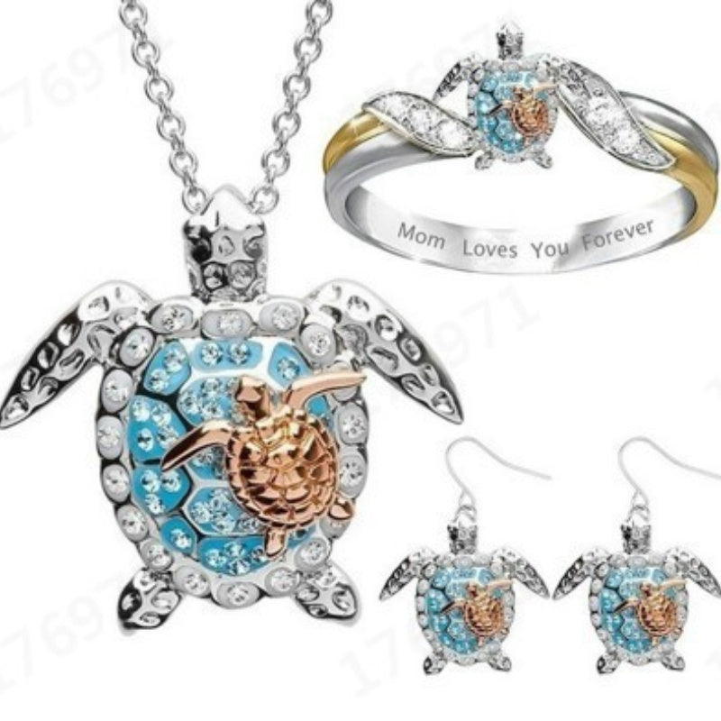 Parure de bijoux tortue pour femme – Collier, boucles d'oreilles et bague en argent S925 doré avec zircone cubique, ensemble bohème élégant de 3 pièces pour le quotidien, cadeau d'anniversaire, Saint-Valentin et cadeau pour femme