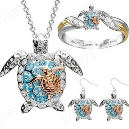Parure de bijoux tortue pour femme – Collier, boucles d'oreilles et bague en argent S925 doré avec zircone cubique, ensemble bohème élégant de 3 pièces pour le quotidien, cadeau d'anniversaire, Saint-Valentin et cadeau pour femme