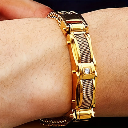 Bracelet de motard hip-hop pour homme en acier inoxydable, style punk rock, avec fermoir magnétique et pierres synthétiques, bijou pour soirée en boîte de nuit ou mariage