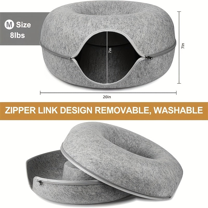 Lit tunnel pour chat, cachette d'intérieur - Tunnel pour chat en forme de beignet, pliable et utilisable en toute saison, avec ouverture pour chats d'intérieur, peluche douce, gris foncé et gris clair, disponible en 50 et 60 cm, cadeau idéal pour chat
